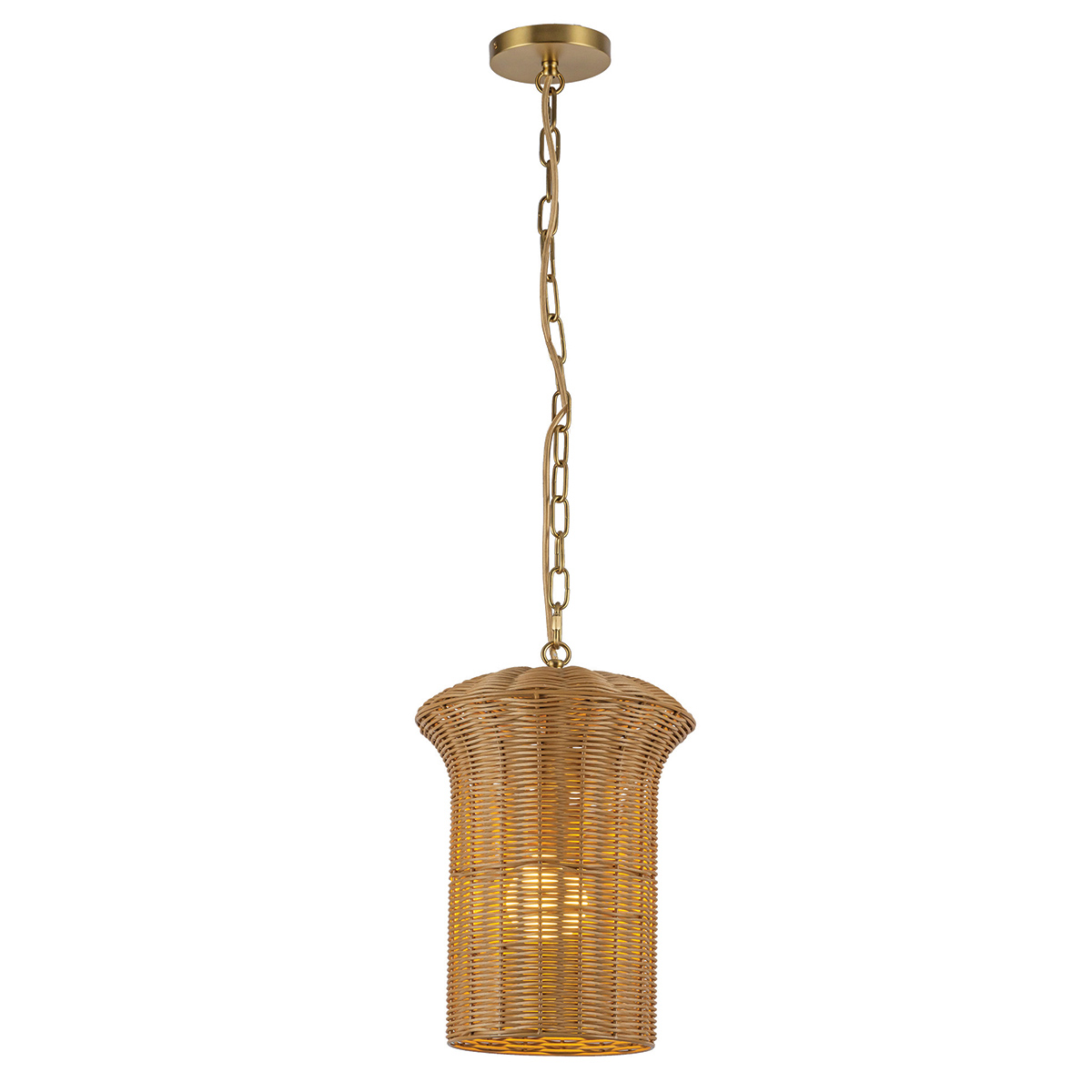 Kai Ø28 Natur loftslampe Fra Elstead Lighting - Den naturfarvede rotting giver lampen et varmt og hyggeligt udtryk, mens detaljerne i b&oslash;rstet guldfinish skaber en flot kontrast.