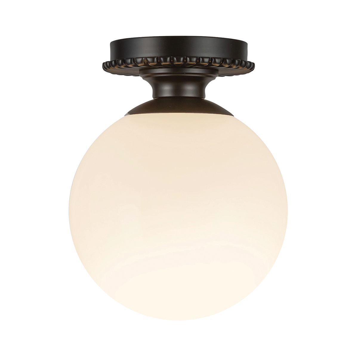 Otis Ø20 Sort badeværelseslampe Fra Elstead Lighting - Den runde kop i blankt opalglas skjuler lyskilden og spreder et bl&oslash;dt og behageligt lys i rummet.