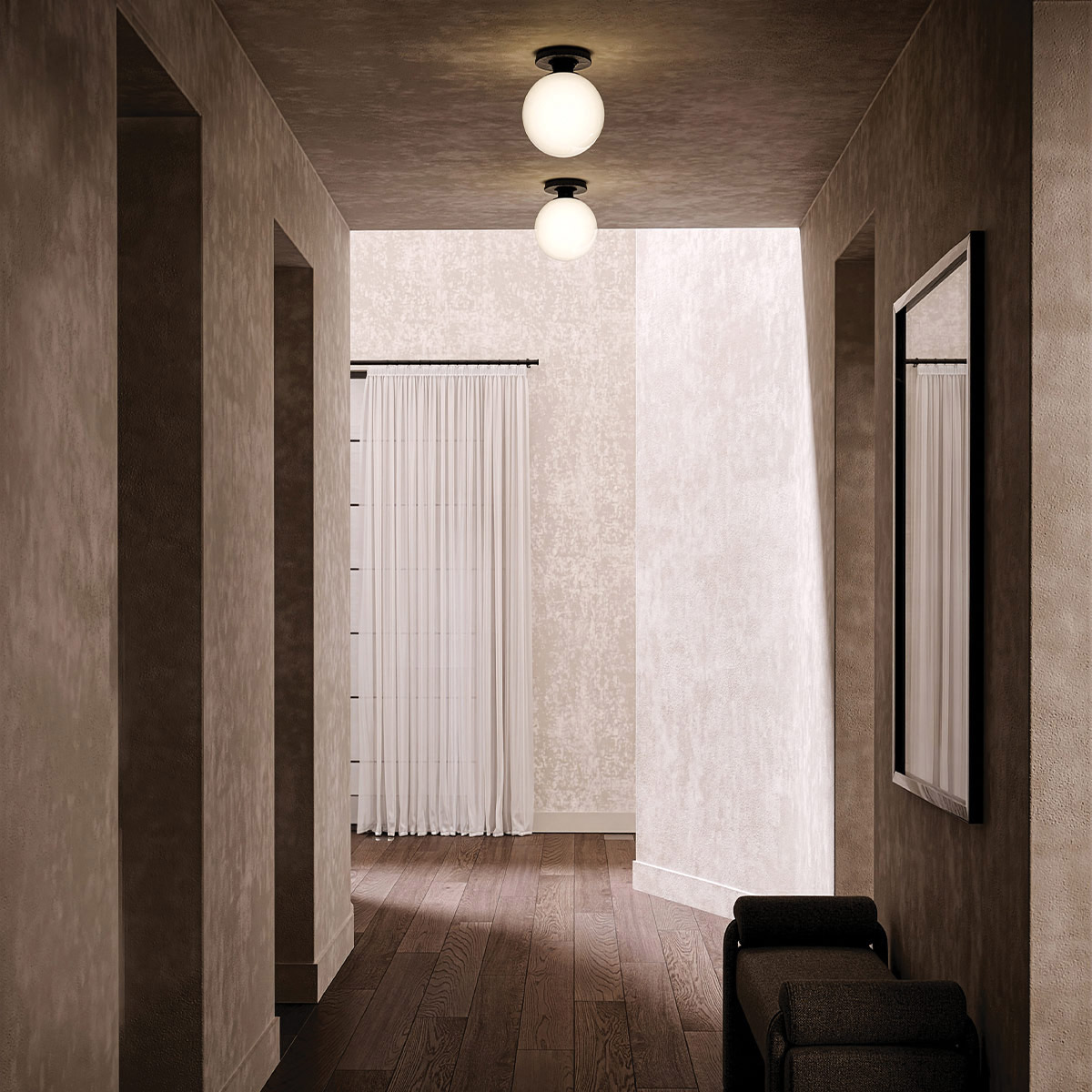 Otis Ø20 Sort badeværelseslampe Fra Elstead Lighting - Den runde kop i blankt opalglas skjuler lyskilden og spreder et bl&oslash;dt og behageligt lys i rummet.