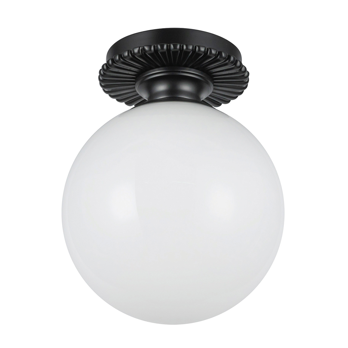Otis Ø20 Sort badeværelseslampe Fra Elstead Lighting - Den runde kop i blankt opalglas skjuler lyskilden og spreder et bl&oslash;dt og behageligt lys i rummet.