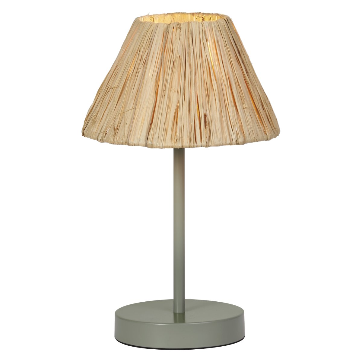 Raffia 33cm Natur bordlampe Fra Ledvance - Skærmen lavet af raffia palmer i kombination med det grønne metal bidrager med en varm og naturlig atmosfære til rummet.