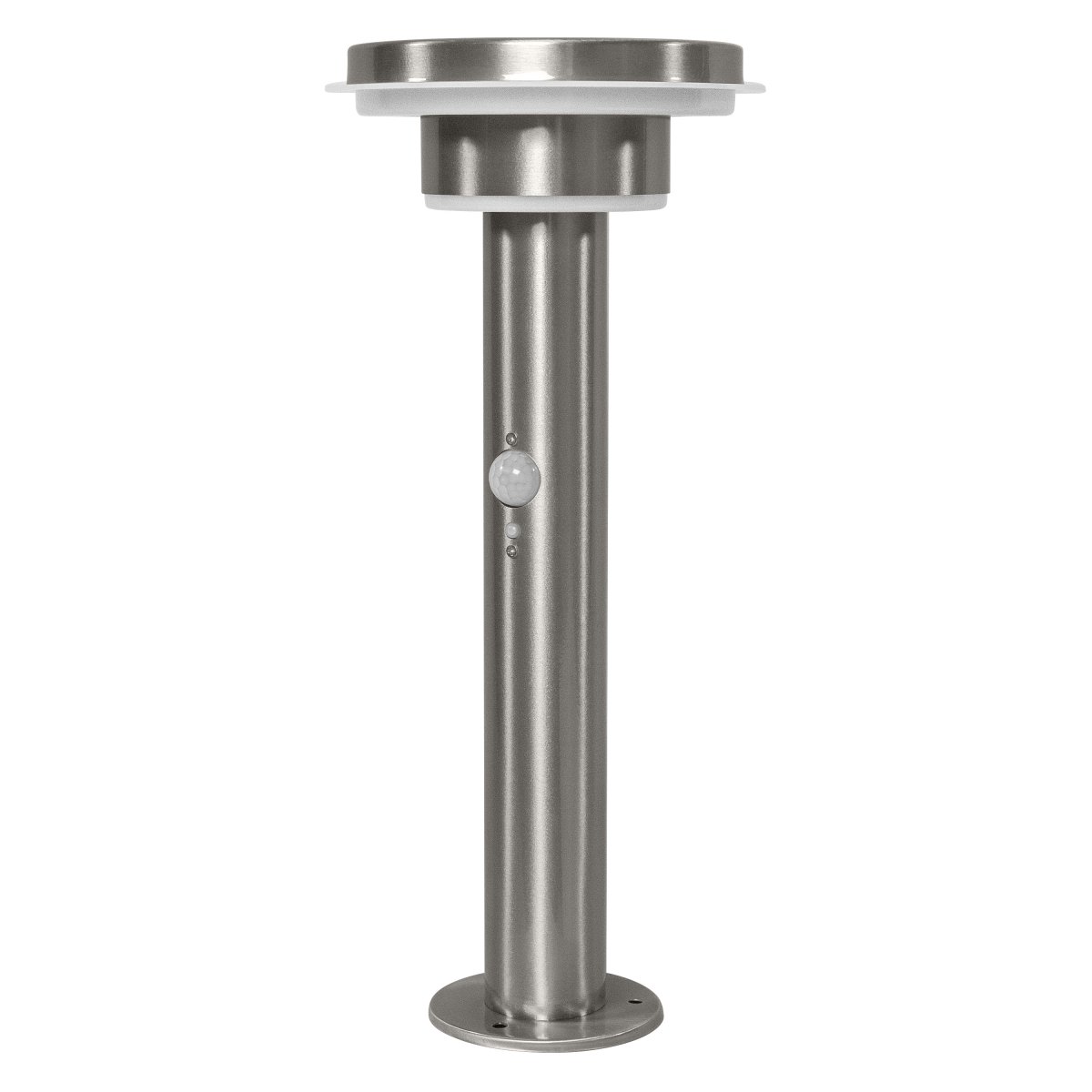 Double Circle Sensor Stål solcellelampe Fra Ledvance - Den indbyggede PIR-bev&aelig;gelsessensor og dagslyssensor t&aelig;nder automatisk lampen, n&aring;r der er bev&aelig;gelse i m&oslash;rket, hvilket giver b&aring;de sikkerhed og energieffektivitet.