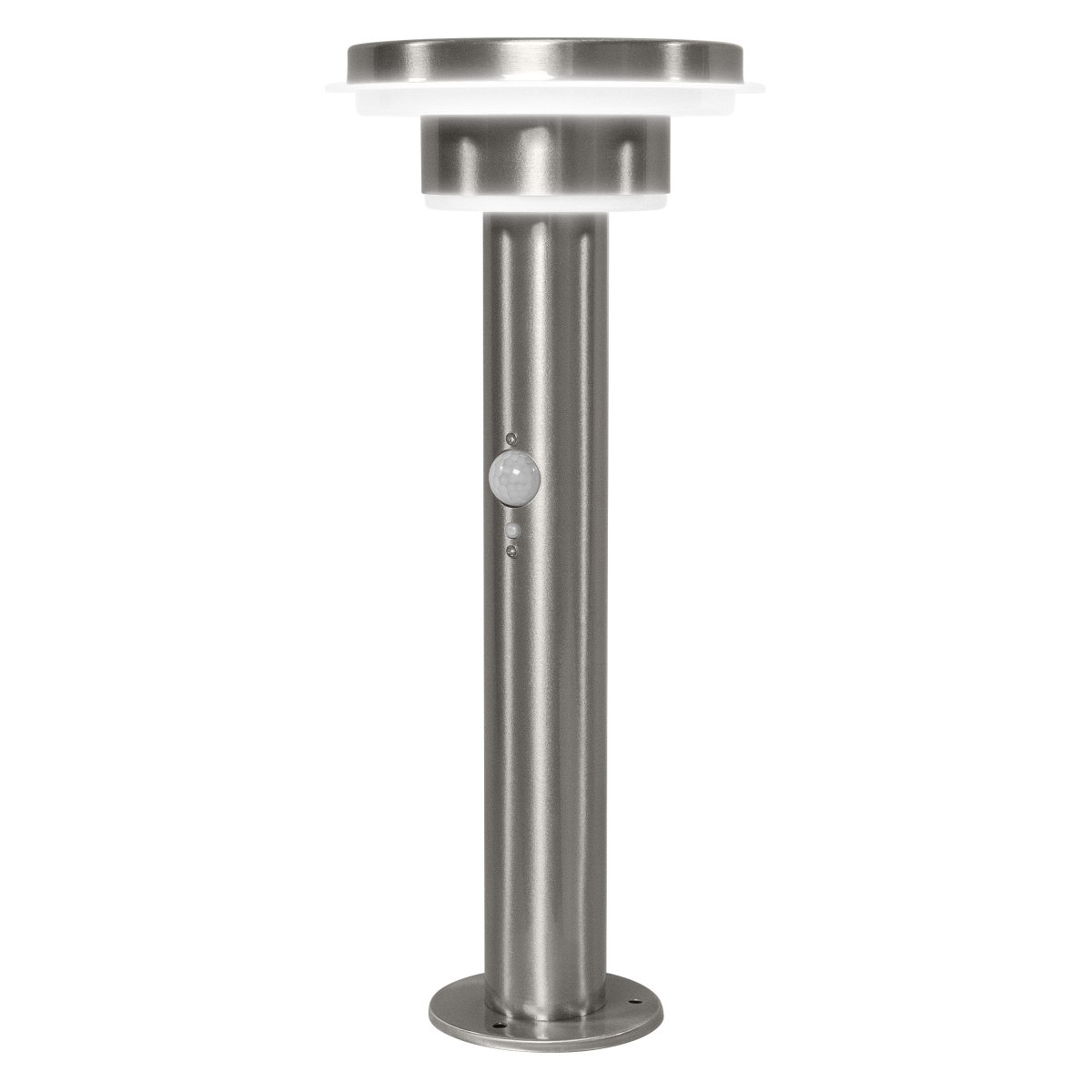 Double Circle Sensor Stål solcellelampe Fra Ledvance - Den indbyggede PIR-bev&aelig;gelsessensor og dagslyssensor t&aelig;nder automatisk lampen, n&aring;r der er bev&aelig;gelse i m&oslash;rket, hvilket giver b&aring;de sikkerhed og energieffektivitet.