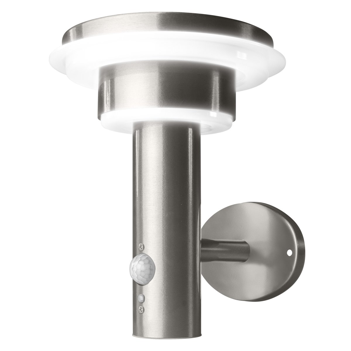 Double Circle Sensor Sølv solcellelampe Fra Ledvance - Den indbyggede PIR-bevægelsessensor og dagslyssensor tænder automatisk lampen, når der er bevægelse i mørket, hvilket giver både sikkerhed og energieffektivitet.