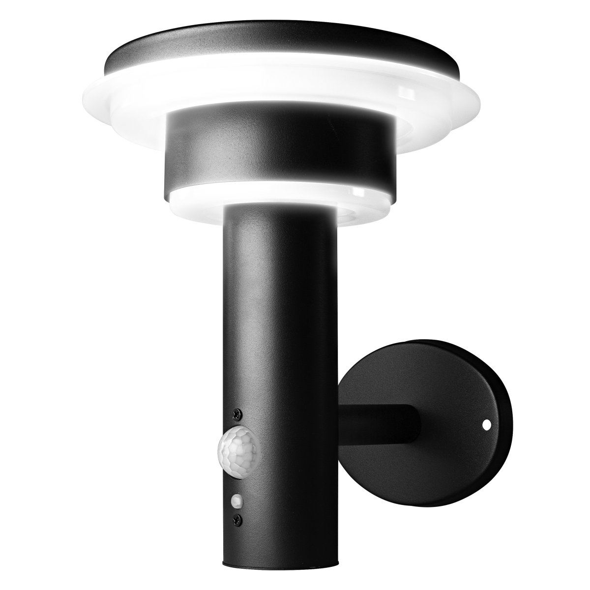 Double Circle Sensor Sort solcellelampe Fra Ledvance - Den indbyggede PIR-bevægelsessensor og dagslyssensor tænder automatisk lampen, når der er bevægelse i mørket, hvilket giver både sikkerhed og energieffektivitet.