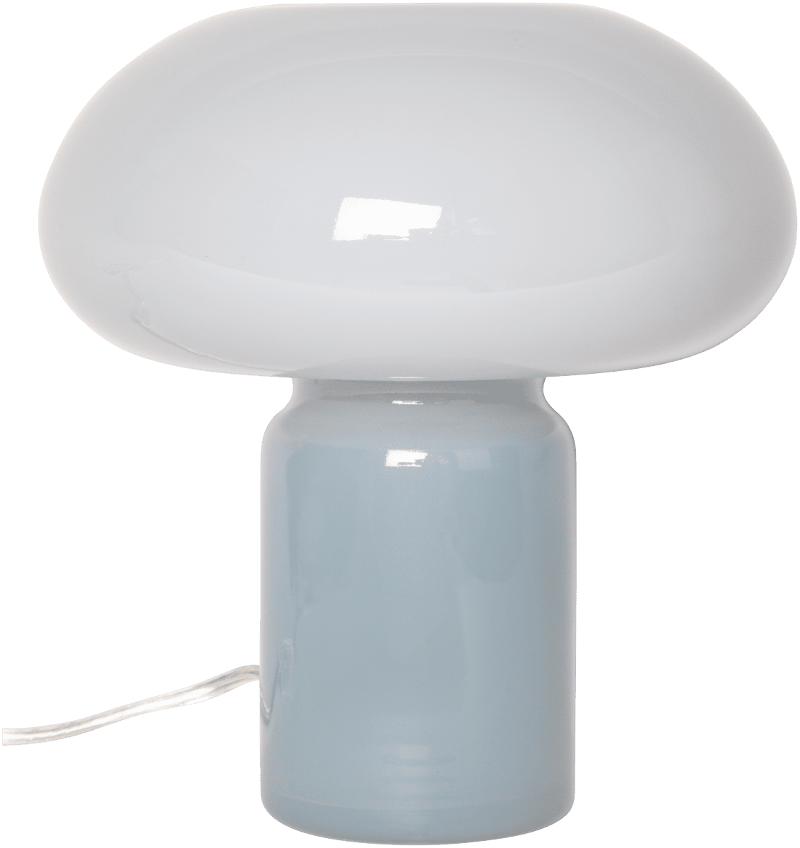 Glas 23cm Blå bordlampe Fra Eja - Lampens base i blåt glas kombineres elegant med den lyseblå skærm og skaber et harmonisk udtryk, der passer ind i mange forskellige miljøer.