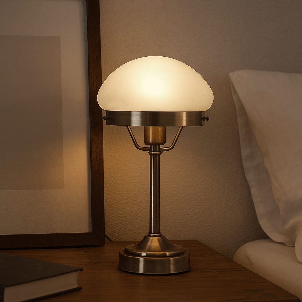 Jas 30cm Antik messing bordlampe Fra Lampan - Den har en metalbase med en antik messingfinish og en kuppelformet hvid glassk&aelig;rm, der spreder et bl&oslash;dt og behageligt lys.