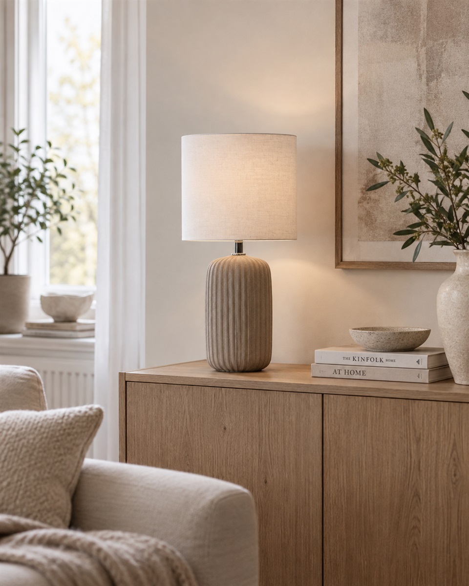 Palizzo 33cm Brun bordlampe Fra Nordic Lighting - Basen har en mat, sandlignende finish i en varm brun tone og en ribbet struktur, der giver lampen et bl&oslash;dt og dekorativt udtryk.
