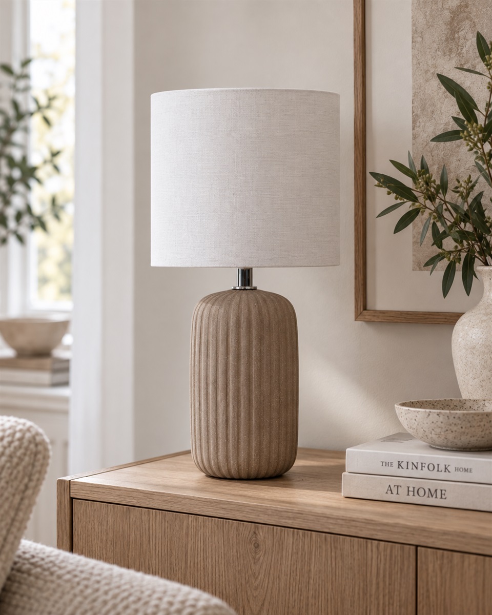 Palizzo 33cm Brun bordlampe Fra Nordic Lighting - Basen har en mat, sandlignende finish i en varm brun tone og en ribbet struktur, der giver lampen et bl&oslash;dt og dekorativt udtryk.