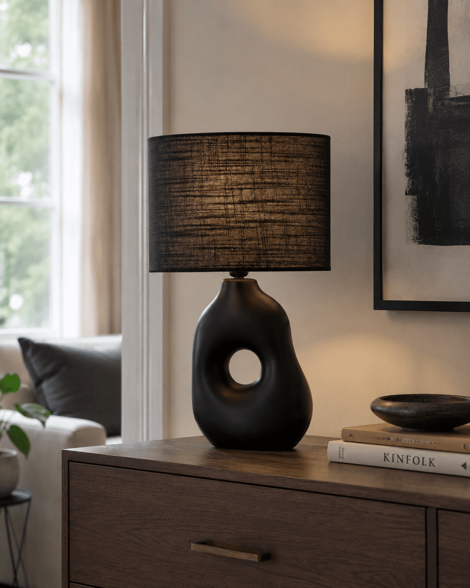 Pikazo 45cm Sort bordlampe Fra Lampan - Pikazo bordlampen i sort har en unik keramisk base med en skulpturel form og et dekorativt, gennemg&aring;ende hul, suppleret af en matchende, oval h&oslash;rsk&aelig;rm.