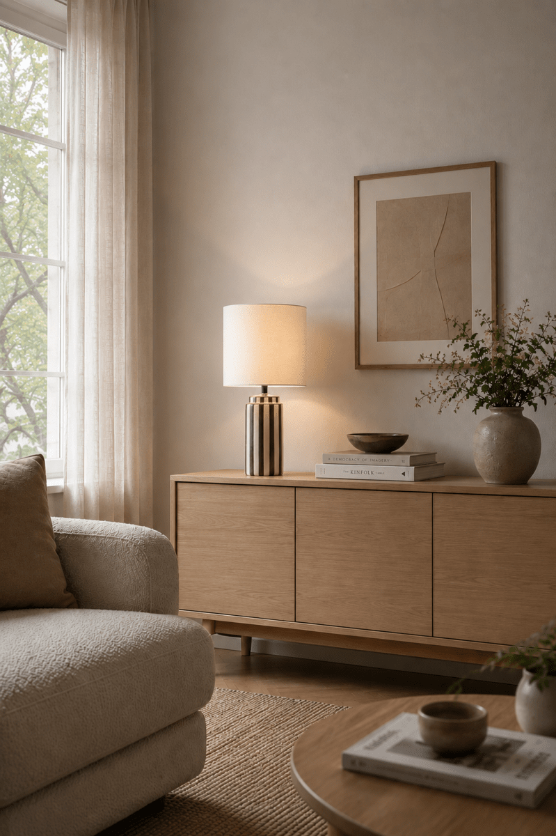 Faro 50cm Brun/hvid bordlampe Fra Nordic Lighting - Lampefoden er lavet af keramik med en cremet hvid base og brune striber, der giver et livligt, men afbalanceret indtryk.