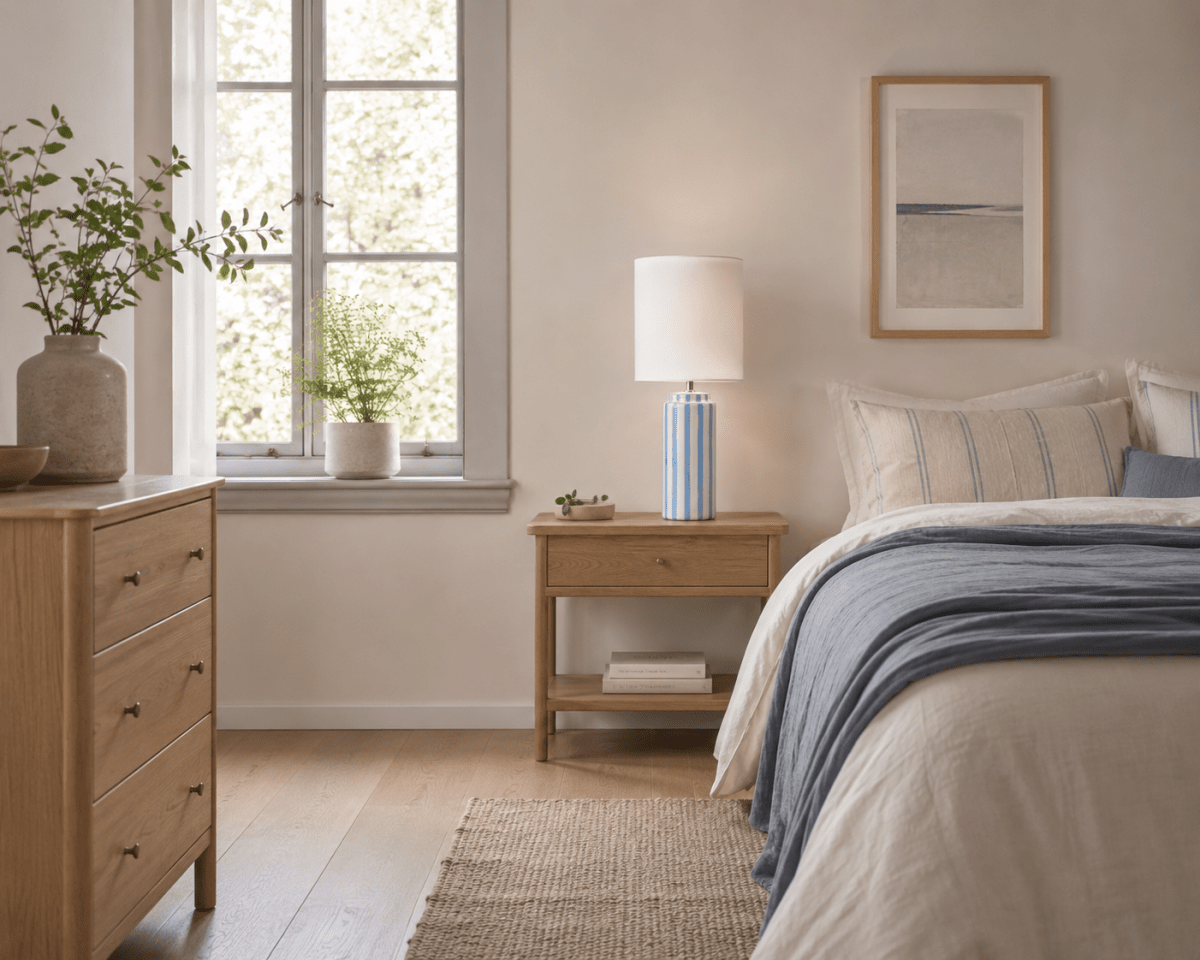Faro 50cm Lyseblå/hvid bordlampe Fra Nordic Lighting - Lampefoden er lavet af keramik med en cremet hvid base og lysebl&aring; striber, der giver et livligt, men afbalanceret indtryk.