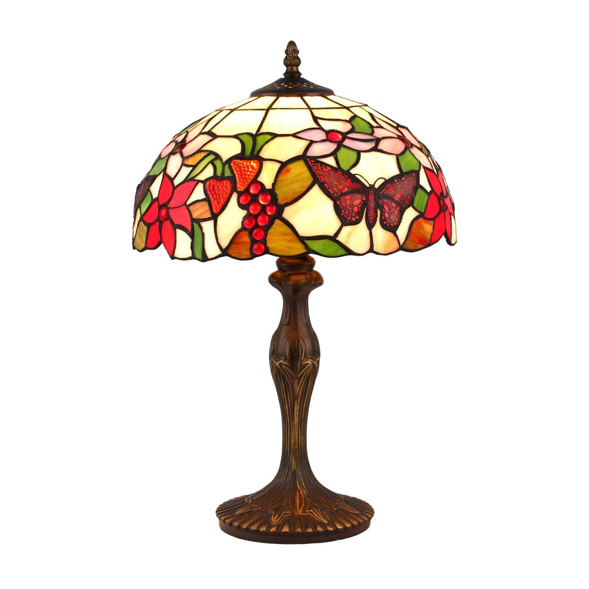Bali 45cm Flerfarvet Fra Norrsken Design - Bali er en klassisk Tiffany lampe med et smukt design med sommerfugle, frugter og blomster i forskellige farver.