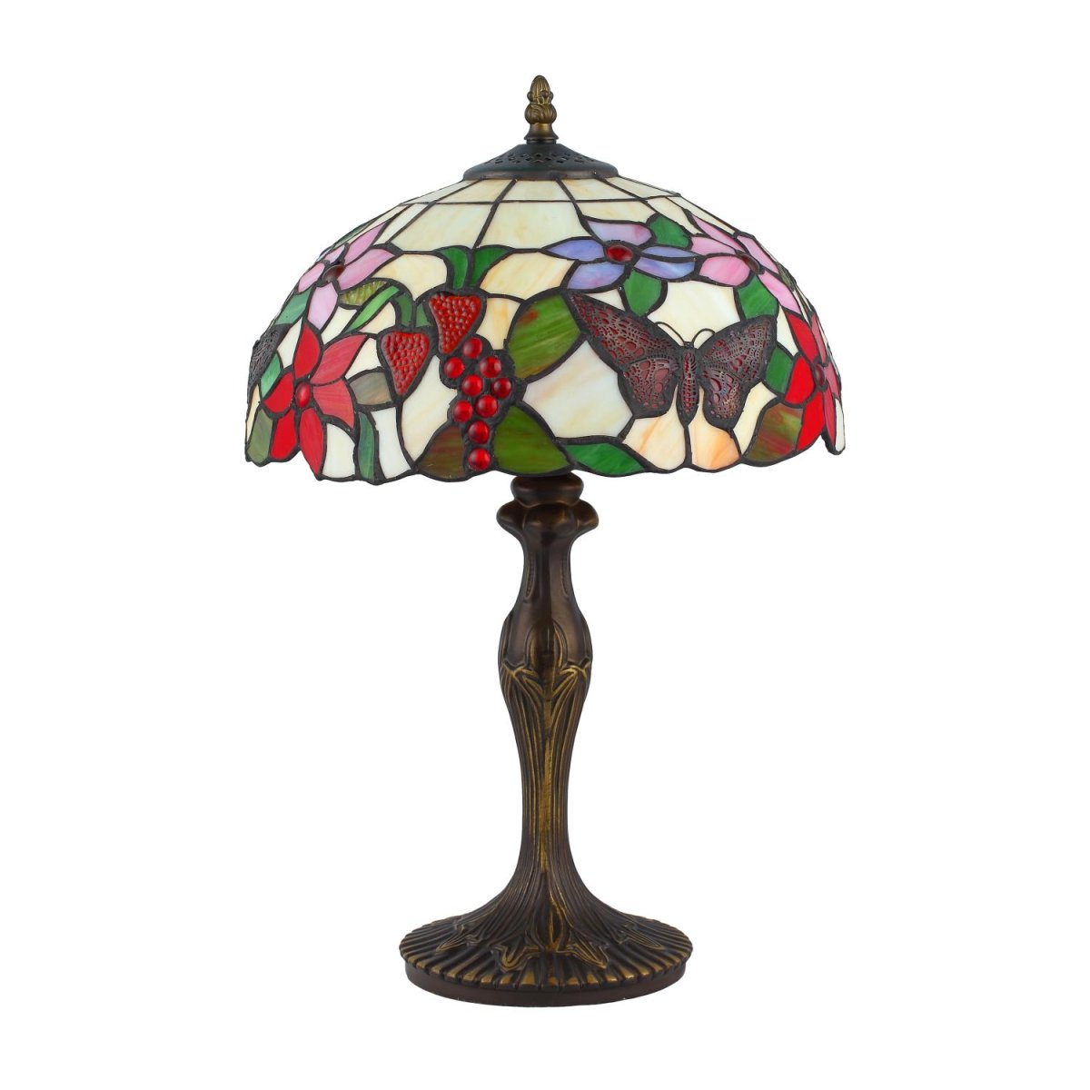 Bali 45cm Flerfarvet Fra Norrsken Design - Bali er en klassisk Tiffany lampe med et smukt design med sommerfugle, frugter og blomster i forskellige farver.