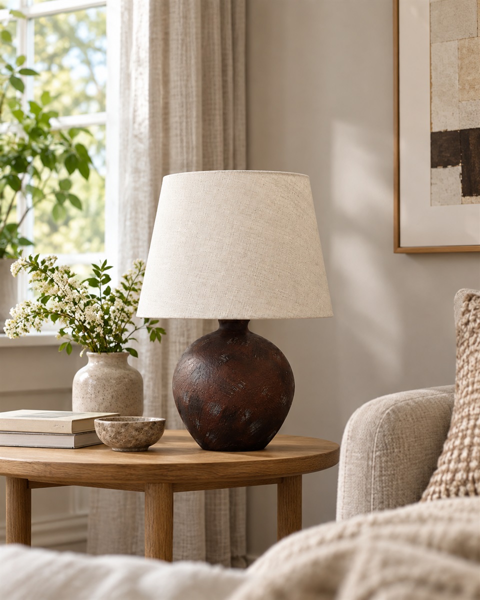 Bellmini 30cm Mørkebrun bordlampe Fra Nordic Lighting - Bellmini bordlampen har en smuk keramisk base i en mørkebrun, rustik finish og en beige hørskærm.