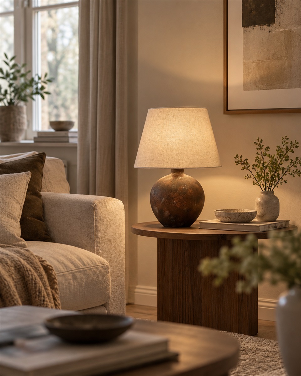 Bellmini 30cm Mørkebrun bordlampe Fra Nordic Lighting - Bellmini bordlampen har en smuk keramisk base i en mørkebrun, rustik finish og en beige hørskærm.