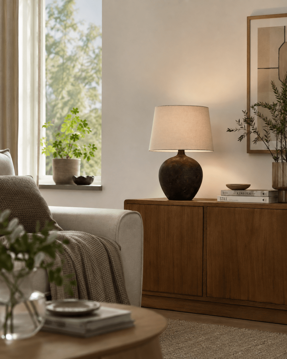 Bella 42cm Mørkebrun bordlampe Fra Nordic Lighting - Bella bordlampen har en smuk keramisk base i m&oslash;rkebrun, rustik finish og en beige h&oslash;rsk&aelig;rm.