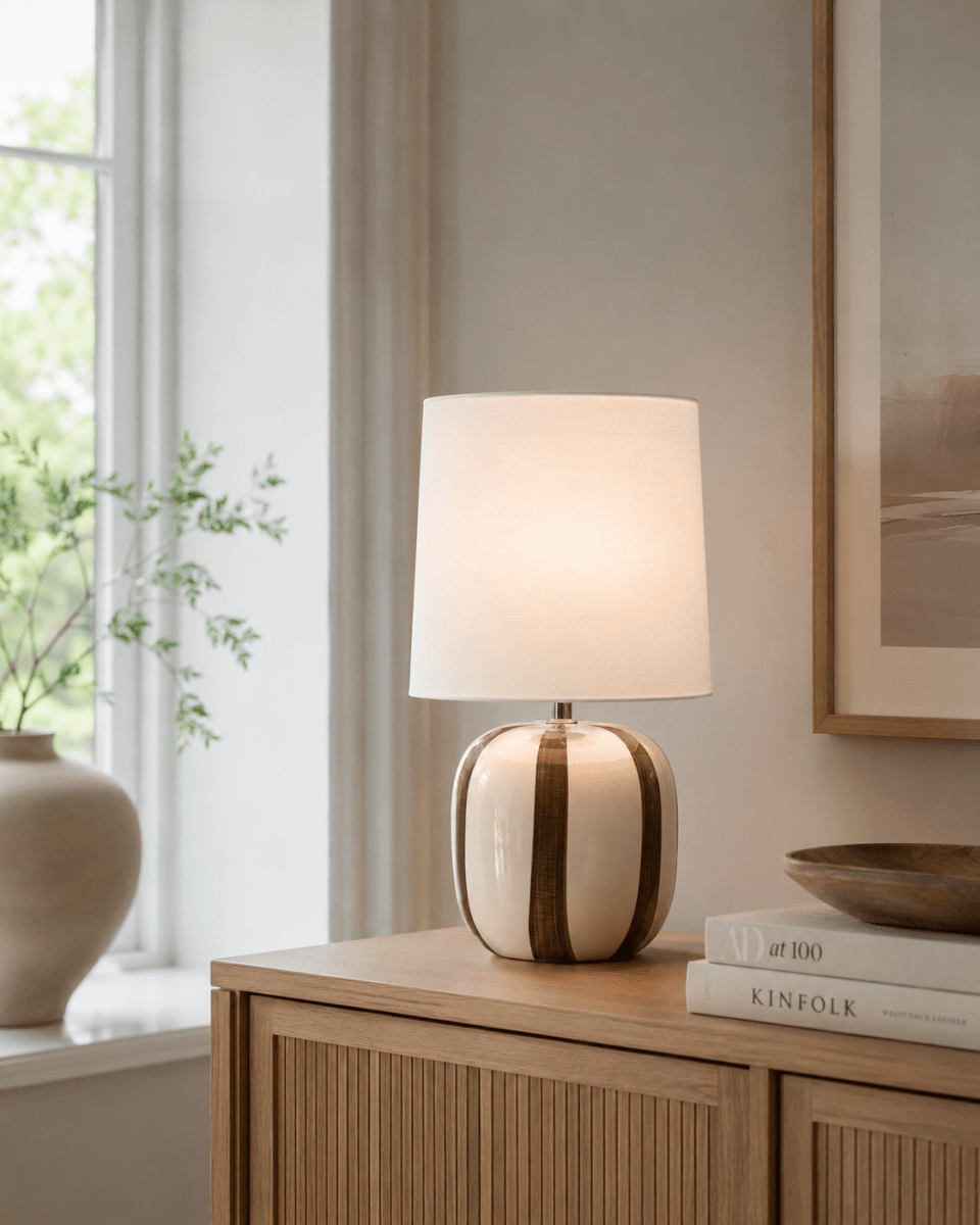 Pholca 38cm Hvid/brun bordlampe Fra Nordic Lighting - Lampefoden er lavet af keramik med en cremehvid base og brune striber, der skaber liv og karakter.