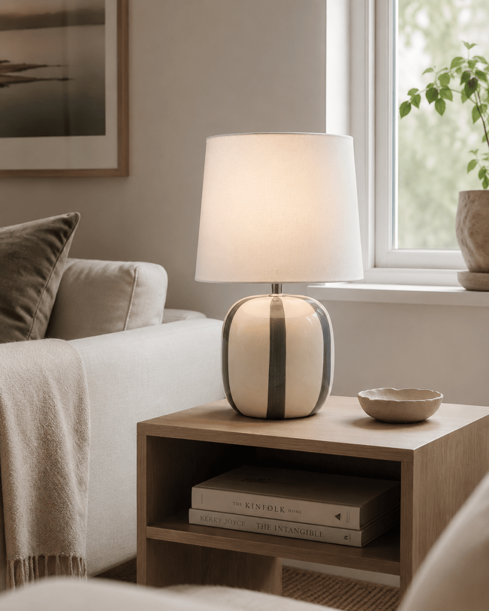 Pholca 38cm Hvid/grå bordlampe Fra Nordic Lighting - Lampefoden er lavet af keramik med en cremehvid base og gr&aring; striber, der skaber liv og karakter.
