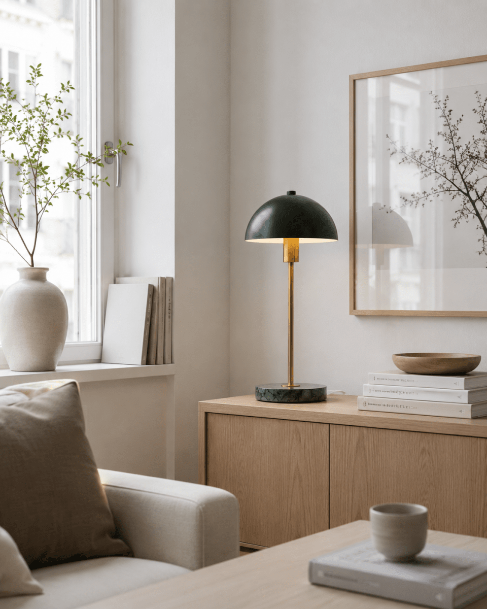 Dito 47cm Grøn bordlampe Fra Nordic Lighting - Den gr&oslash;nne sk&aelig;rm og marmorbasen skaber et sofistikeret udtryk, mens stangen i skinnende guldfinish tilf&oslash;jer en varm og luksuri&oslash;s fornemmelse.