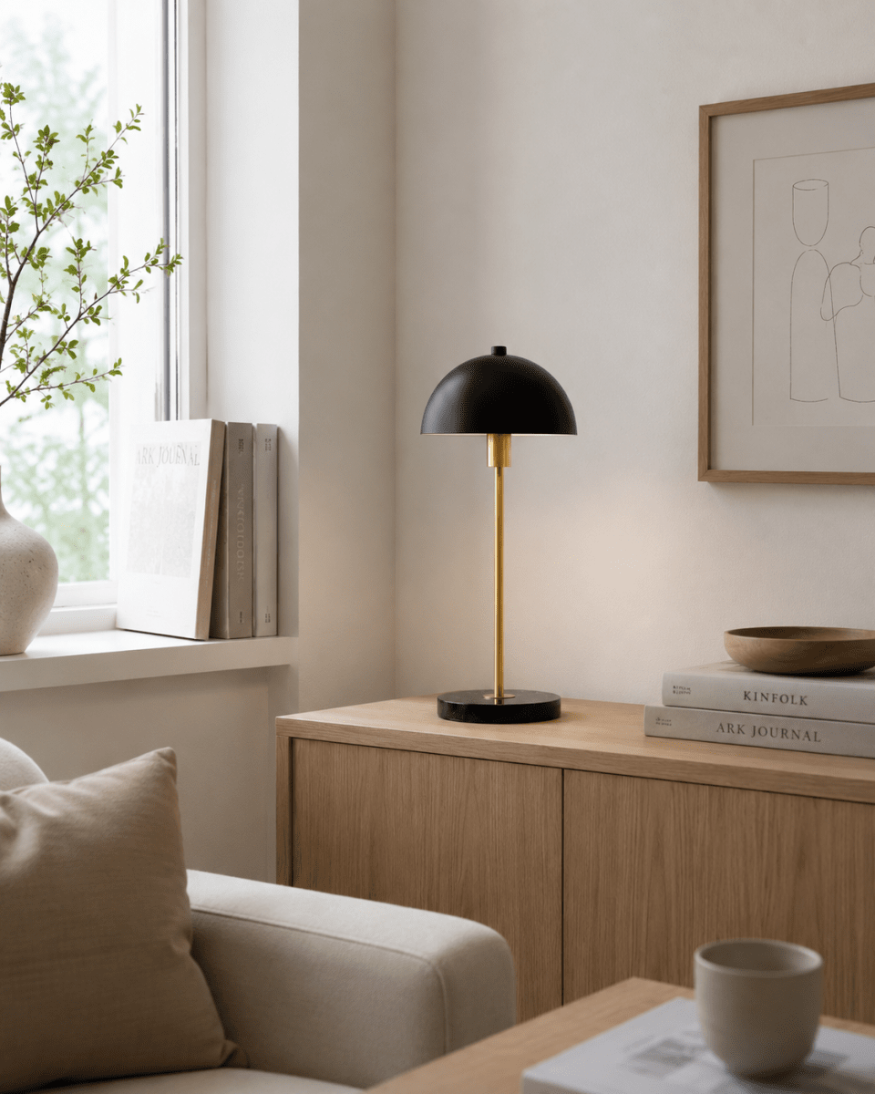 Dito 47cm Sort bordlampe Fra Nordic Lighting - Den sorte sk&aelig;rm og marmorbasen skaber et sofistikeret udtryk, mens stangen i skinnende guldfinish tilf&oslash;jer en varm og luksuri&oslash;s fornemmelse.