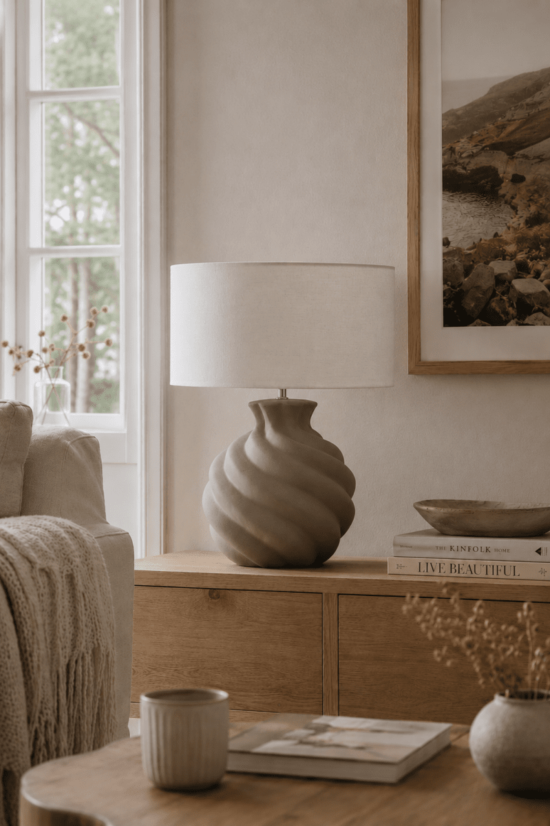 Vindel 52cm Sand bordlampe Fra Lampan - Lampefoden i keramik har en sandfarvet, struktureret overflade og et bl&oslash;dt hvirvlende design, der giver et livligt og skulpturelt udtryk.
