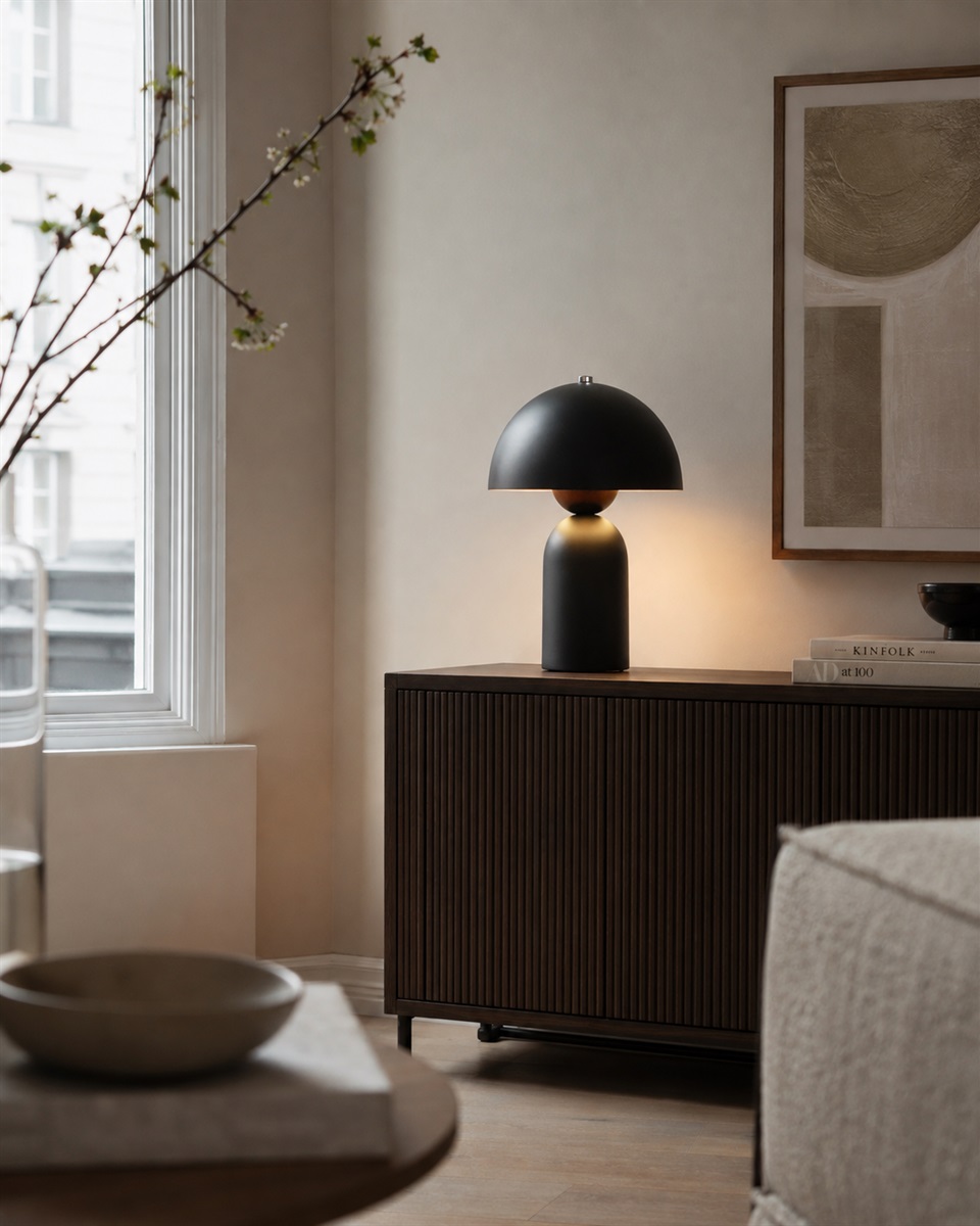 Capello 35cm Sort bordlampe Fra Nordic Lighting - Den dekorative kromdetalje p&aring; toppen giver et elegant l&oslash;ft og g&oslash;r lampen til et smukt indslag i b&aring;de sovev&aelig;relser, stuer og entreer.