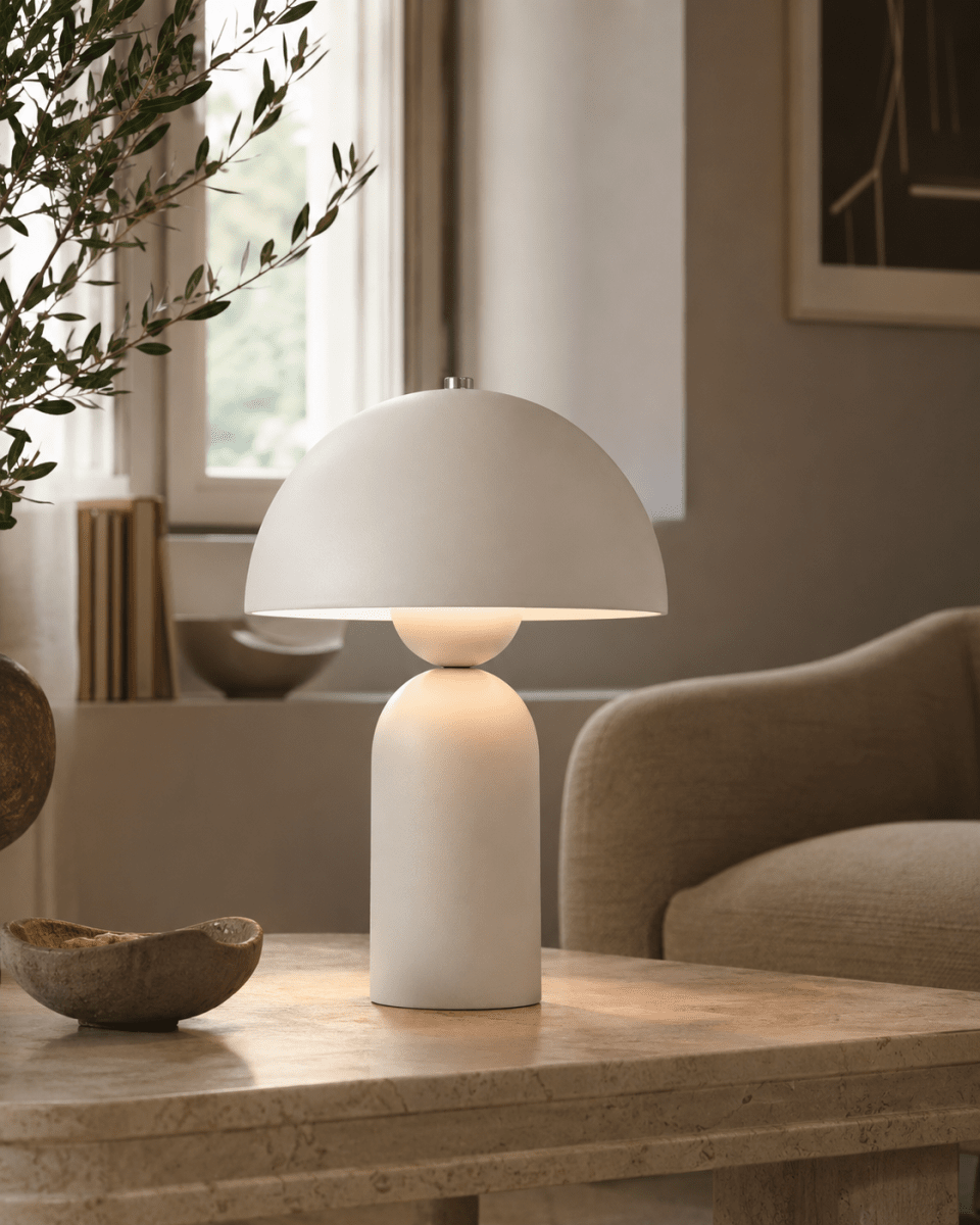 Capello 35cm Hvid bordlampe Fra Nordic Lighting - Den dekorative kromdetalje p&aring; toppen giver et elegant l&oslash;ft og g&oslash;r lampen til et smukt indslag i b&aring;de sovev&aelig;relser, stuer og entreer.