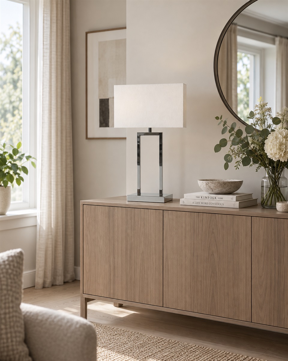 Gemma 52cm Krom bordlampe Fra Nordic Lighting - Den hvide, rektangul&aelig;re lampesk&aelig;rm i tekstil spreder et bl&oslash;dt og behageligt lys, der passer perfekt i b&aring;de sovev&aelig;relser, stuer og entreer.