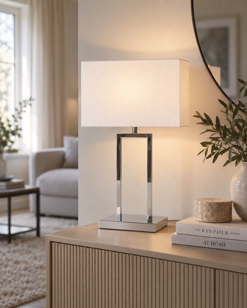 Gemma 52cm Krom bordlampe Fra Nordic Lighting - Den hvide, rektangul&aelig;re lampesk&aelig;rm i tekstil spreder et bl&oslash;dt og behageligt lys, der passer perfekt i b&aring;de sovev&aelig;relser, stuer og entreer.
