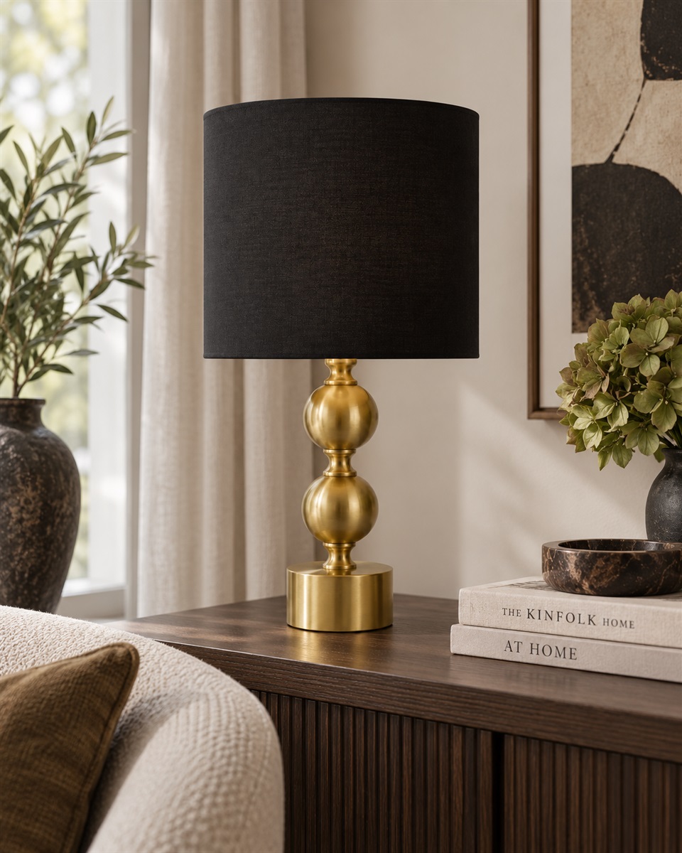 Circolo 48cm Messing/sort bordlampe Fra Nordic Lighting - Circolo bordlampen kombinerer en dekorativ metalbase med en elegant messingfinish og en klassisk sort linnedsk&aelig;rm.