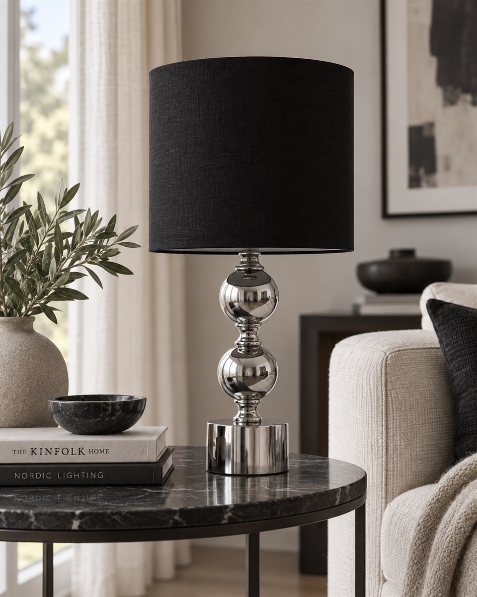 Circolo 48cm Krom/sort bordlampe Fra Nordic Lighting - Circolo bordlampen kombinerer en dekorativ metalbase med en elegant kromfinish og en klassisk sort linnedsk&aelig;rm.