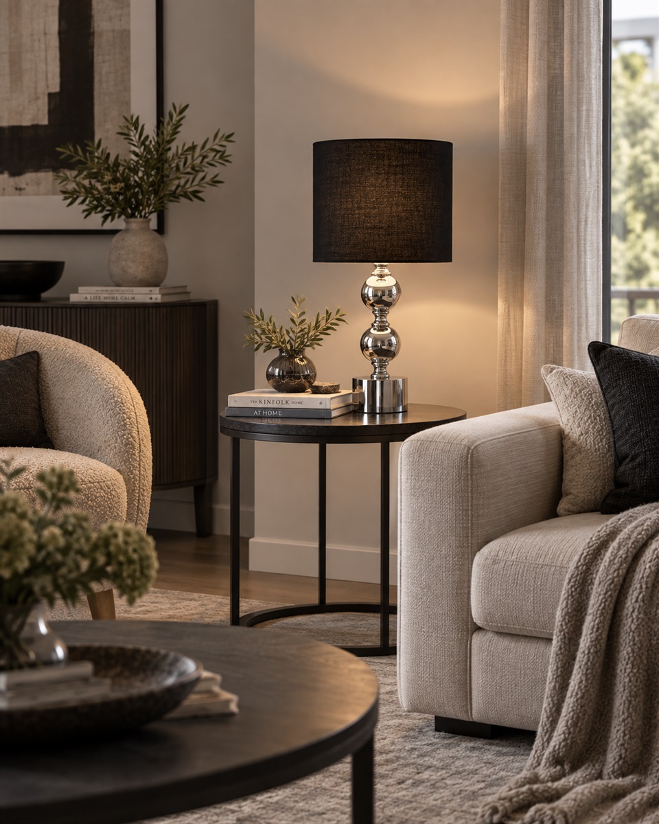 Circolo 48cm Krom/sort bordlampe Fra Nordic Lighting - Circolo bordlampen kombinerer en dekorativ metalbase med en elegant kromfinish og en klassisk sort linnedsk&aelig;rm.