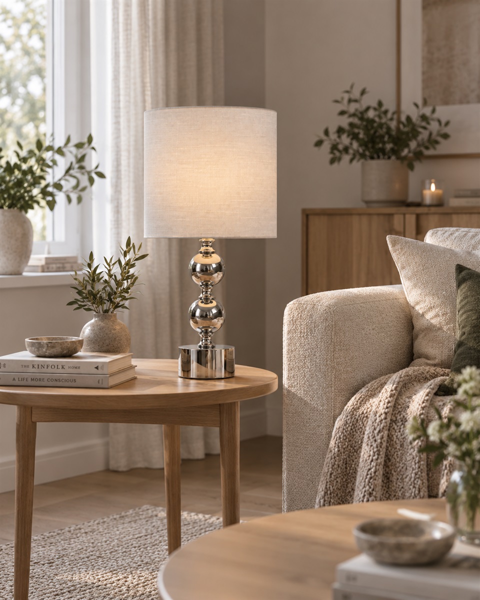 Circolo 48cm Krom/hvid bordlampe Fra Nordic Lighting - Circolo bordlampen kombinerer en dekorativ metalbase med en elegant kromfinish og en klassisk hvid linnedsk&aelig;rm.