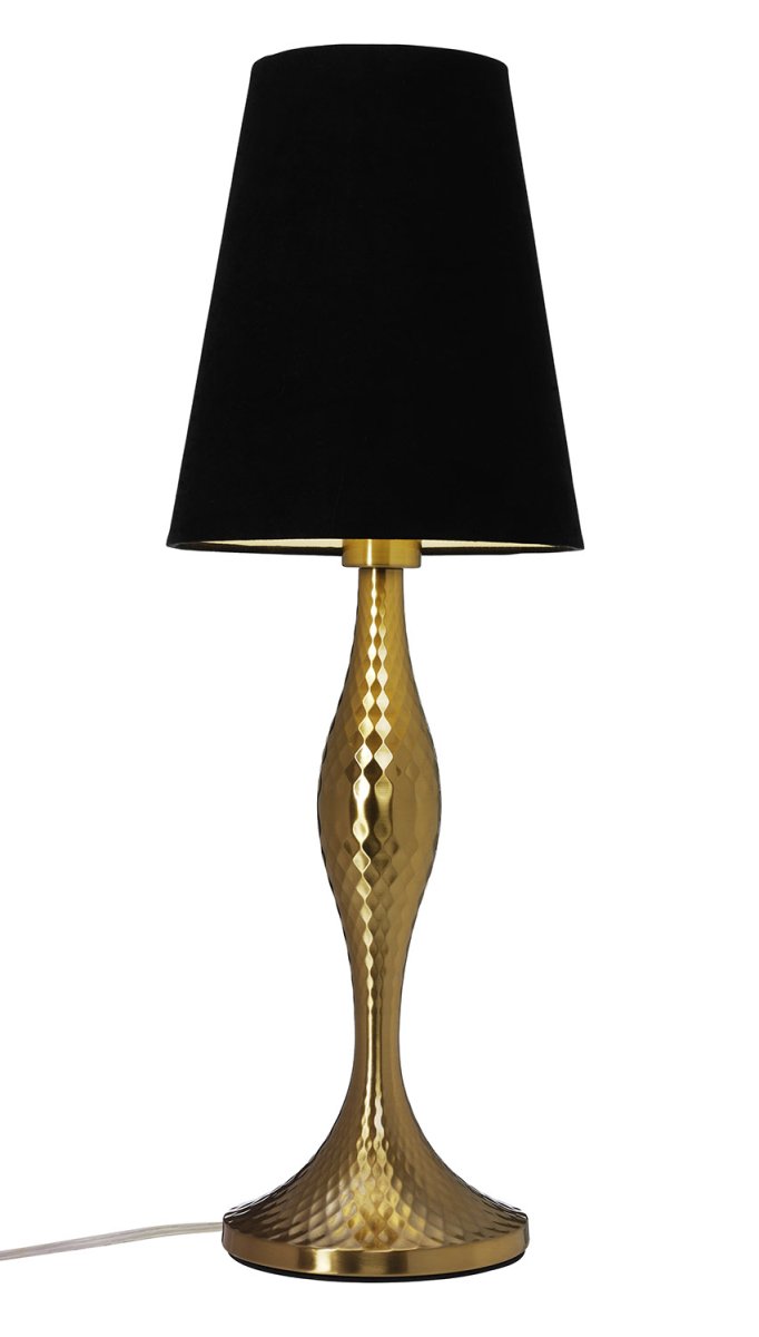 Aladdin 50cm Guld bordlampe Fra Cottex - Den sorte tekstilsk&aelig;rm skaber en stilfuld kontrast til den skinnende messingsokkel, hvilket g&oslash;r lampen til et perfekt valg til b&aring;de klassiske og moderne hjem.
