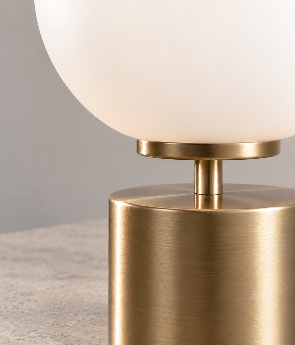 Ballon 24cm Messing bordlampe Fra Herstal - Ballon er en elegant bordlampe med et stilfuldt og tidløst design, der kombinerer metal i en smuk satineret messingfinish med en rund skærm af opalglas.
