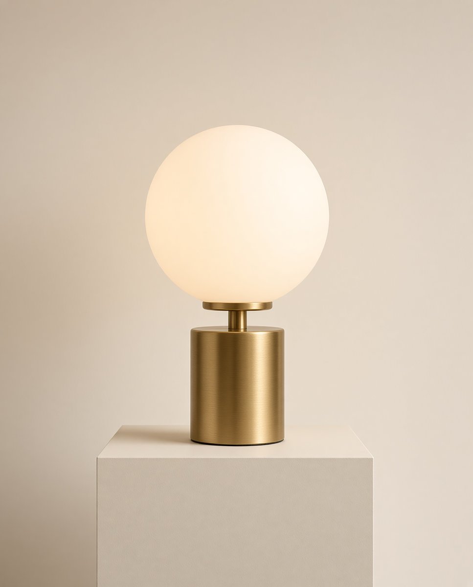 Ballon 24cm Messing bordlampe Fra Herstal - Ballon er en elegant bordlampe med et stilfuldt og tidløst design, der kombinerer metal i en smuk satineret messingfinish med en rund skærm af opalglas.