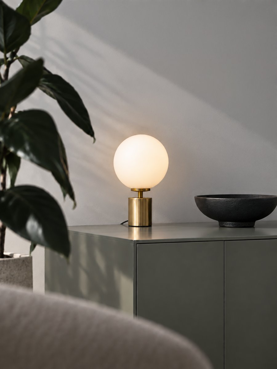 Ballon 24cm Messing bordlampe Fra Herstal - Ballon er en elegant bordlampe med et stilfuldt og tidløst design, der kombinerer metal i en smuk satineret messingfinish med en rund skærm af opalglas.