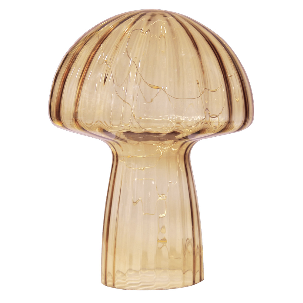 Mushroom 23cm Beige bordlampe Fra Pixie Design - Den er udstyret med timer og en praktisk 5-trins lysd&aelig;mper til at justere lyset efter behov, hvilket g&oslash;r den perfekt til b&aring;de opgavebelysning og hyggelig aftenbelysning.