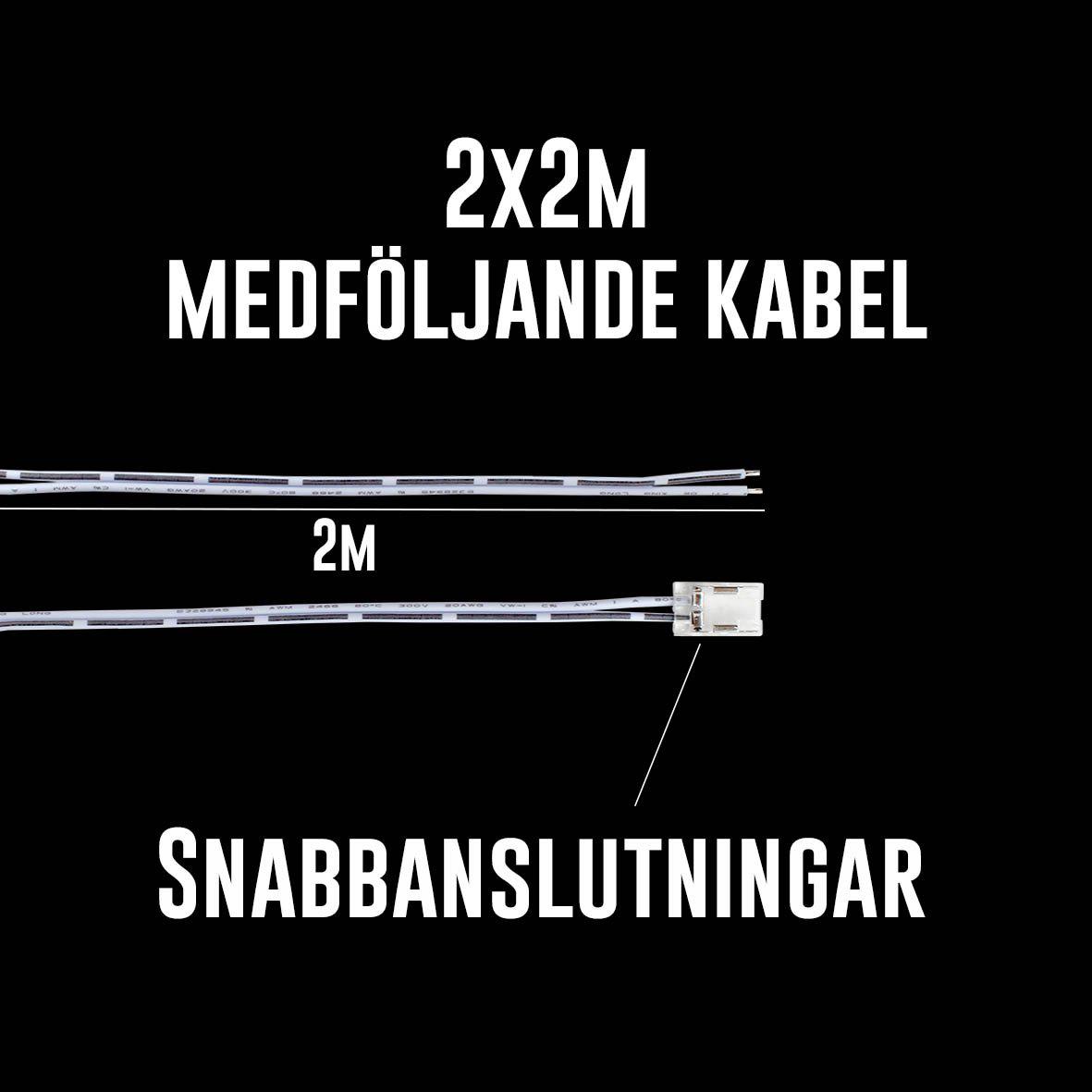 Cobby LED-strip 12V 3000K 5m Fra Designlight - Installation og fleksibilitetCobby 12V LED-strimlen kan klippes for hver 2,5 cm og kan bruges i sin fulde l&aelig;ngde eller opdeles i to separate dele med de medf&oslash;lgende jumperkabler.
