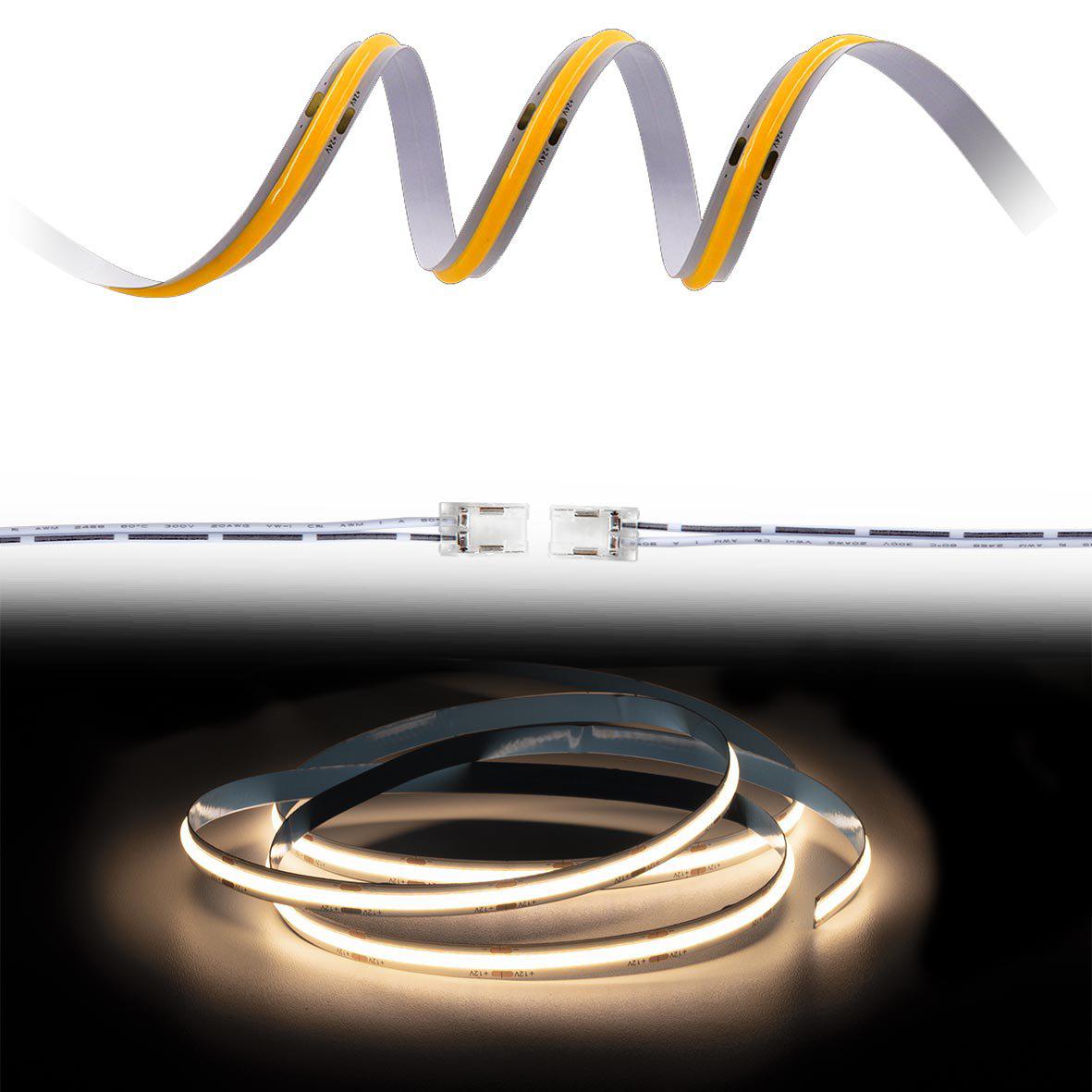 Cobby LED-strip 12V 3000K 5m Fra Designlight - Installation og fleksibilitetCobby 12V LED-strimlen kan klippes for hver 2,5 cm og kan bruges i sin fulde l&aelig;ngde eller opdeles i to separate dele med de medf&oslash;lgende jumperkabler.