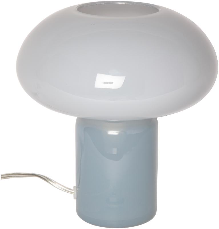 Glas 23cm Blå bordlampe Fra Eja - Lampens base i blåt glas kombineres elegant med den lyseblå skærm og skaber et harmonisk udtryk, der passer ind i mange forskellige miljøer.