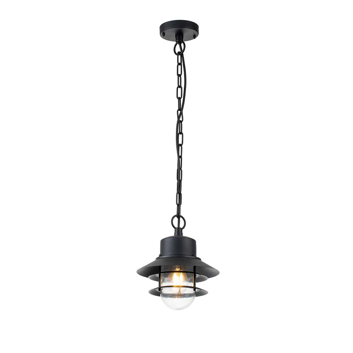 Copenhagen Ø22 Sort Fra Elstead Lighting - Tillverkad av rostfritt st&aring;l i svart finish och glas, erbjuder den en h&aring;llbar och v&auml;dert&aring;lig konstruktion som passar perfekt f&ouml;r entr&eacute;er, altaner och verandor.