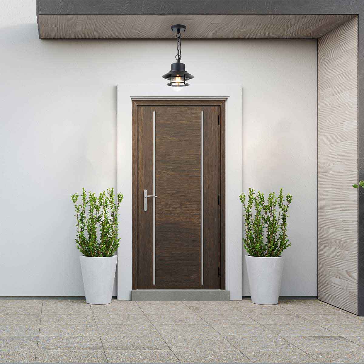 Copenhagen Ø22 Sort Fra Elstead Lighting - Tillverkad av rostfritt st&aring;l i svart finish och glas, erbjuder den en h&aring;llbar och v&auml;dert&aring;lig konstruktion som passar perfekt f&ouml;r entr&eacute;er, altaner och verandor.