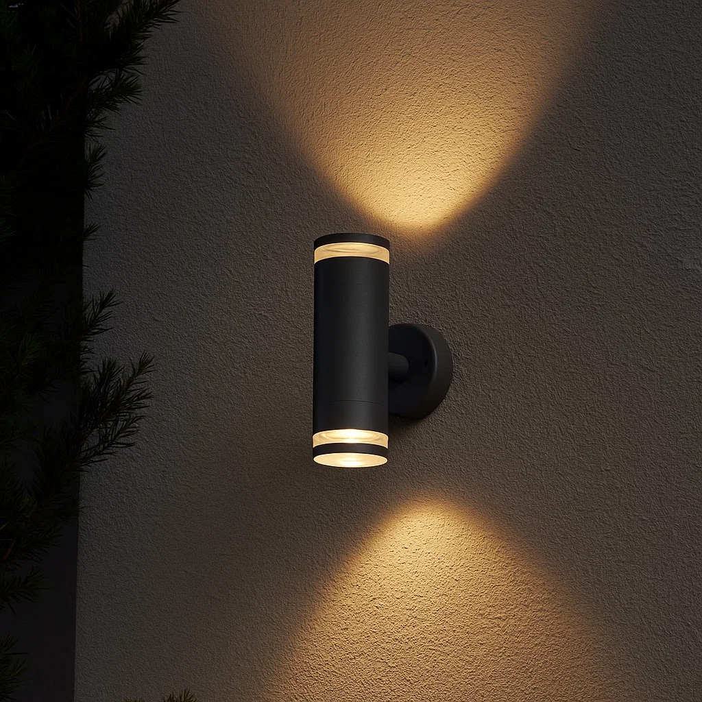 Cylinder Duo Antracit udendørslampe Fra Lampan - Lampan lyser fint b&aring;de upp och ner p&aring; v&auml;ggen.