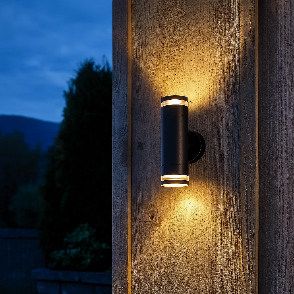 Cylinder duo Sort udendørslampe Fra Lampan - Lampan lyser fint b&aring;de upp och ner p&aring; v&auml;ggen.