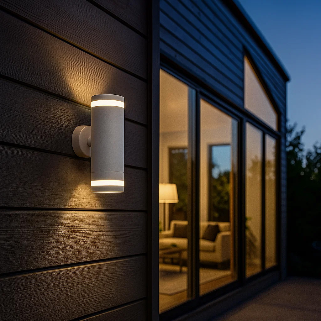 Cylinder Duo Hvid udendørslampe Fra Lampan - Lampan lyser fint b&aring;de upp och ner p&aring; v&auml;ggen.