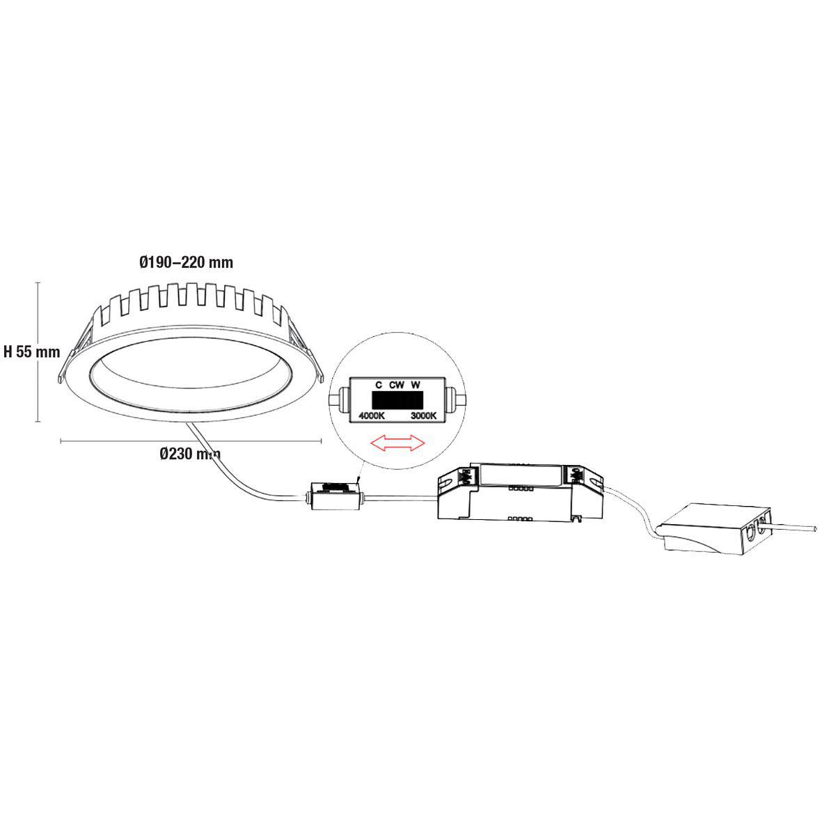 City Downlight 28/32/36W Hvid Fra Designlight - 3600 lmInstallationHver armatur leveres med en h&oslash;jkvalitetsdriver fra Eaglerise, udstyret med en separat klemr&aelig;kke til b&aring;de indg&aring;ende og udg&aring;ende kabler (0,75-2,5 mm&sup2;).