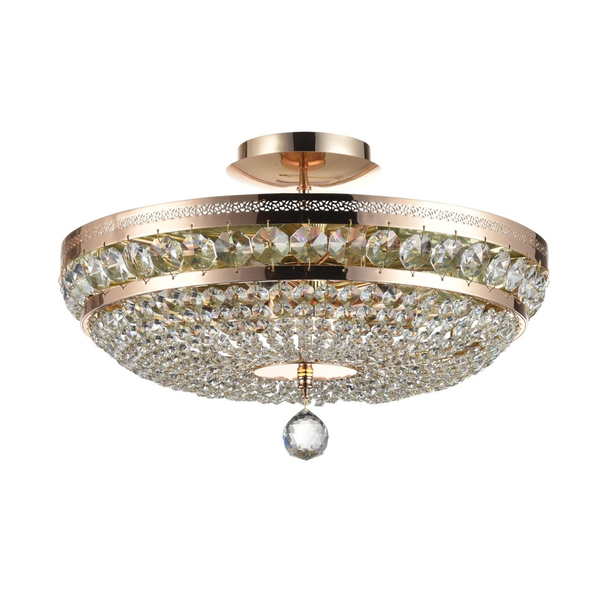 Ottilia Ø45 Guld krystal Fra Maytoni - Ottilia krystal lysekrone i form af en plafond har en traditionel skalform med en guldfarvet metalramme og en perforeret ring prydet med krystaller i forskellige størrelser og former.