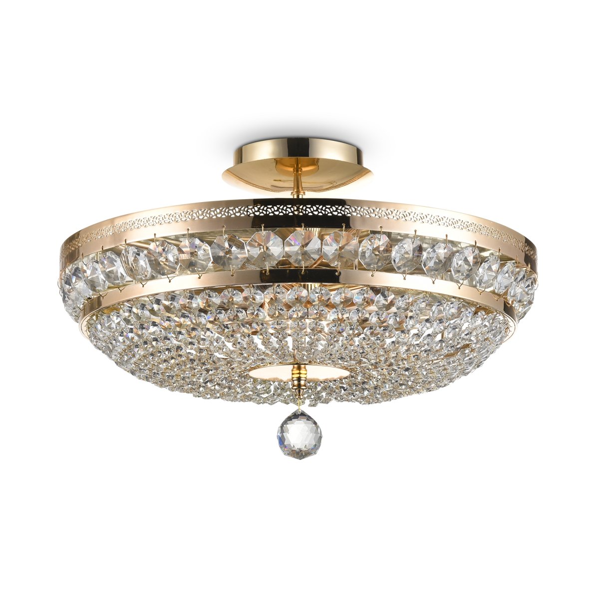 Ottilia Ø45 Guld krystal Fra Maytoni - Ottilia krystal lysekrone i form af en plafond har en traditionel skalform med en guldfarvet metalramme og en perforeret ring prydet med krystaller i forskellige størrelser og former.